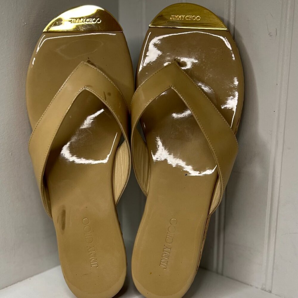 Jimmy Choo Beige Patent Cork Wedge Flip Flops - Picture 2 of 6